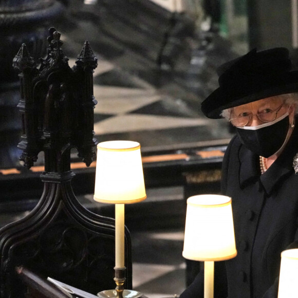 La reine Elisabeth II d'Angleterre - Funérailles du prince Philip, duc d'Edimbourg à la chapelle Saint-Georges du château de Windsor, Royaume Uni, le 17 avril 2021.