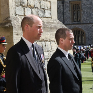 Le prince William, Peter Phillips, le prince Harry - Obsèques du prince Philip au château de Windsor, le 17 avril 2021.