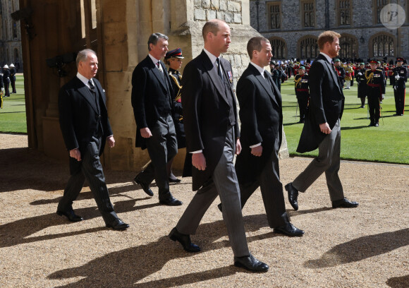 Le prince William, Peter Phillips, le prince Harry - Obsèques du prince Philip au château de Windsor, le 17 avril 2021.
