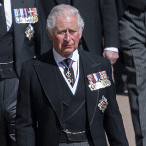 Le prince Charles, prince de Galles, la princesse Anne, le prince Andrew, duc d'York, le prince Edward, comte de Wessex, le prince William, duc de Cambridge, Peter Phillips, le prince Harry, duc de Sussex, David Armstrong-Jones, comte de Snowdon, Sir Timothy Laurence - Arrivées aux funérailles du prince Philip, duc d'Edimbourg à la chapelle Saint-Georges du château de Windsor, le 17 avril 2021.