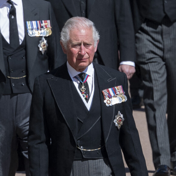 Le prince Charles, prince de Galles, la princesse Anne, le prince Andrew, duc d'York, le prince Edward, comte de Wessex, le prince William, duc de Cambridge, Peter Phillips, le prince Harry, duc de Sussex, David Armstrong-Jones, comte de Snowdon, Sir Timothy Laurence - Arrivées aux funérailles du prince Philip, duc d'Edimbourg à la chapelle Saint-Georges du château de Windsor, le 17 avril 2021.