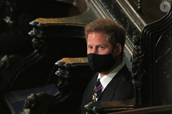 Le prince Harry, duc de Sussex, - Funérailles du prince Philip, duc d'Edimbourg à la chapelle Saint-Georges du château de Windsor, Royaume Uni, le 17 avril 2021. 