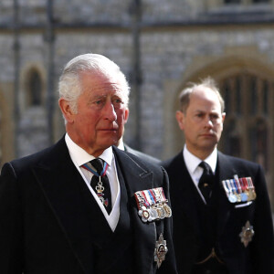 Le prince Charles, prince de Galles, le prince Andrew, duc d'York, la princesse Anne, le prince Edward, comte de Wessex, le prince Harry, duc de Sussex, Sir Timothy Laurence - Arrivées aux funérailles du prince Philip, duc d'Edimbourg à la chapelle Saint-Georges du château de Windsor, le 17 avril 2021.