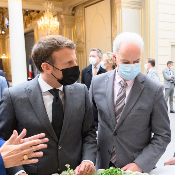 Le président de la République française Emmanuel Macron, Alain Griset, ministre délégué auprès du ministre de l'Économie, des Finances et Guillaume Gomez, représentant personnel du président en matière de gastronomie lors de la traditionnelle cérémonie du muguet du 1er Mai au palais de l'Elysée à Paris, France, le 1er 2021. © Jacques Witt/Pool/Bestimage