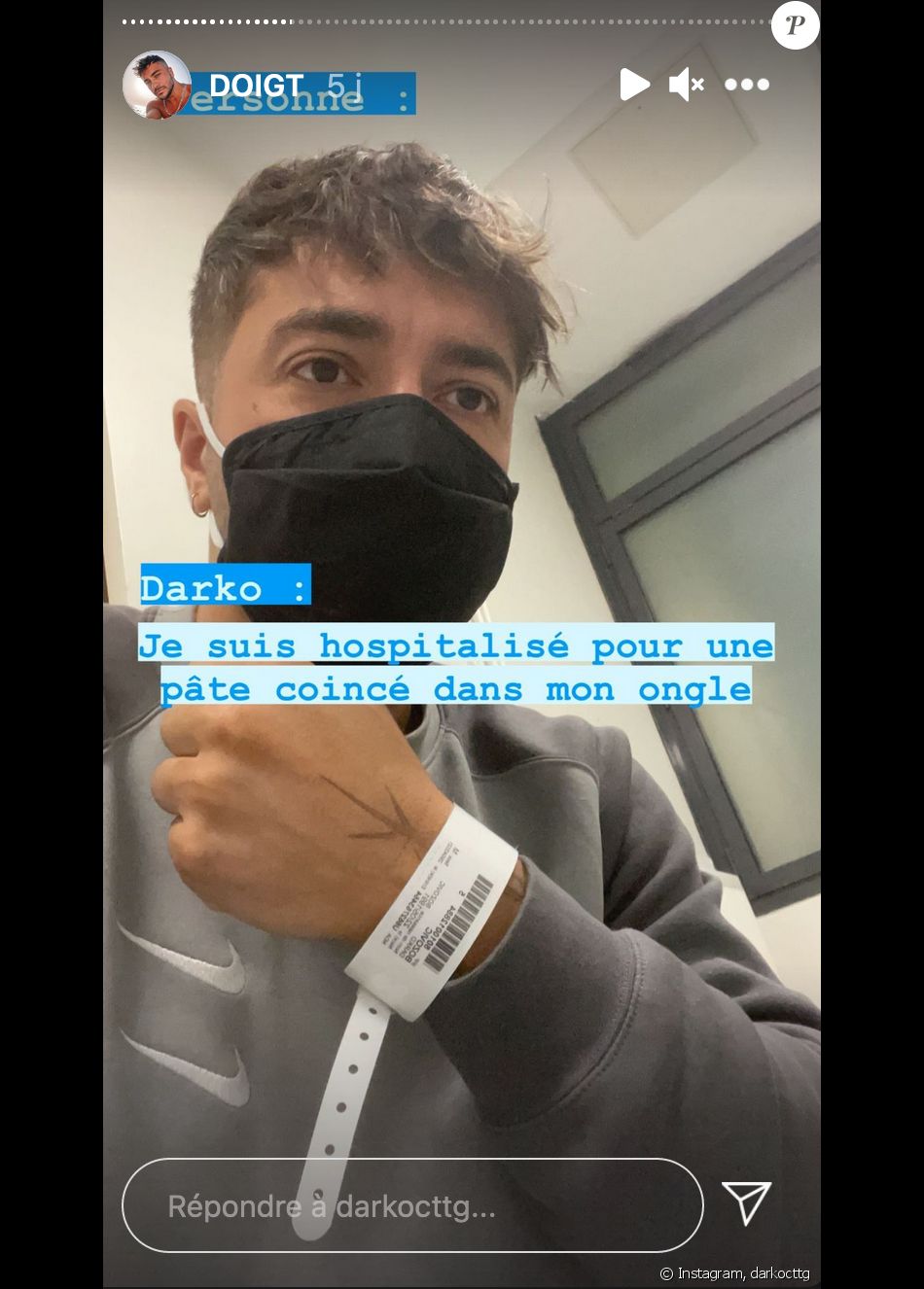 Darko (Secret Story) obligé de se faire hospitaliser après s'être coincé un morceau de pate dans l'ongle d'un doigt - Instagram