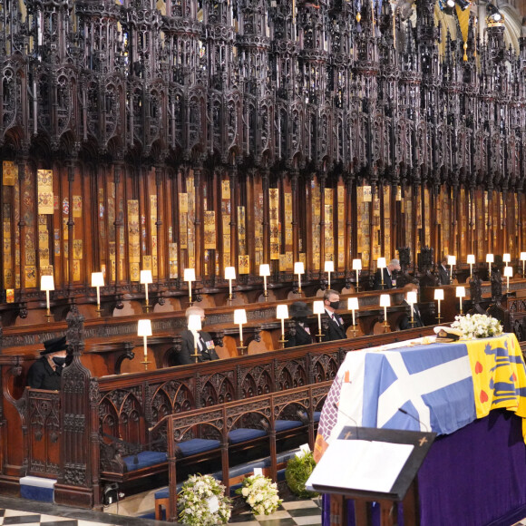 La reine Elisabeth II d'Angleterre - Funérailles du prince Philip, duc d'Edimbourg à la chapelle Saint-Georges du château de Windsor, Royaume Uni, le 17 avril 2021.