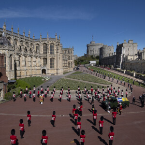 Le prince Charles, prince de Galles, la princesse Anne, le prince Andrew, duc d'York, le prince William, duc de Cambridge, David Armstrong-Jones, comte de Snowdon, Peter Phillips, la princesse Anne, le prince Edward, comte de Wessex, le prince Harry, duc de Sussex, Sir Timothy Laurence - Arrivées aux funérailles du prince Philip, duc d'Edimbourg à la chapelle Saint-Georges du château de Windsor, le 17 avril 2021.