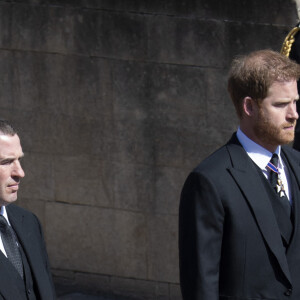 Le prince Harry, duc de Sussex, Peter Phillips, le prince William, duc de Cambridge - Arrivées aux funérailles du prince Philip, duc d'Edimbourg à la chapelle Saint-Georges du château de Windsor, le 17 avril 2021.