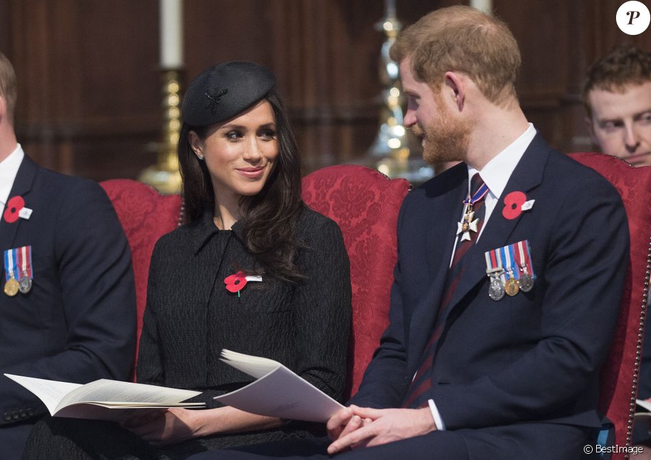 Meghan Markle, duchesse de Sussex et le prince Harry, duc de Sussex, lors de la cérémonie commémorative de l'ANZAC Day à l'abbaye de Westminster à Londres. Le 25 avril 2018