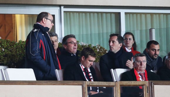 Le prince Albert II de Monaco, Pierre Casiraghi, Gad Elmaleh - Match de football de la ligue 1 entre l'AS Monaco (1) et le PSG (1) à Monaco le 9 février 2014.
