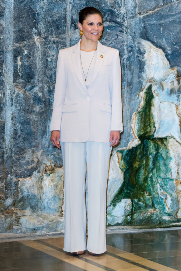 La princesse Victoria de Suède lors du sommet du prix Nobel à l'auditorium Aula Magna de l'université de Stockholm. Le 27 avril 2021.
