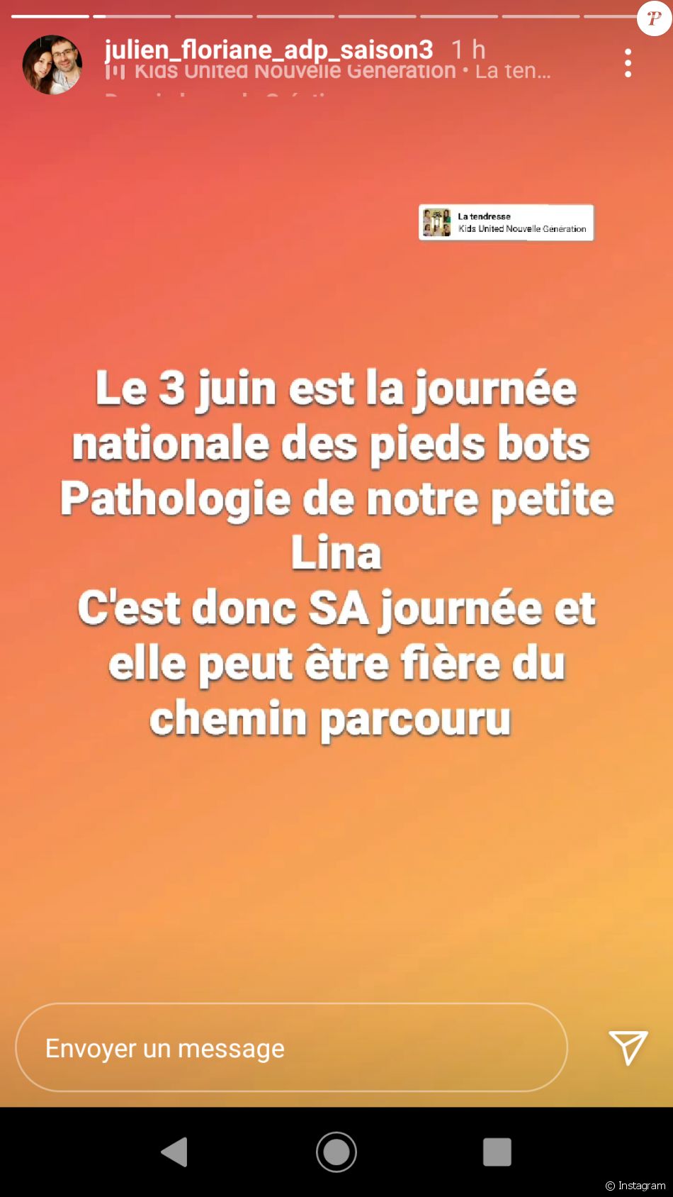 Floriane, la femme de Julien de "L'amour est dans le pré" explique la pathologie de Lina en story Instagram, le 3 juin 2021