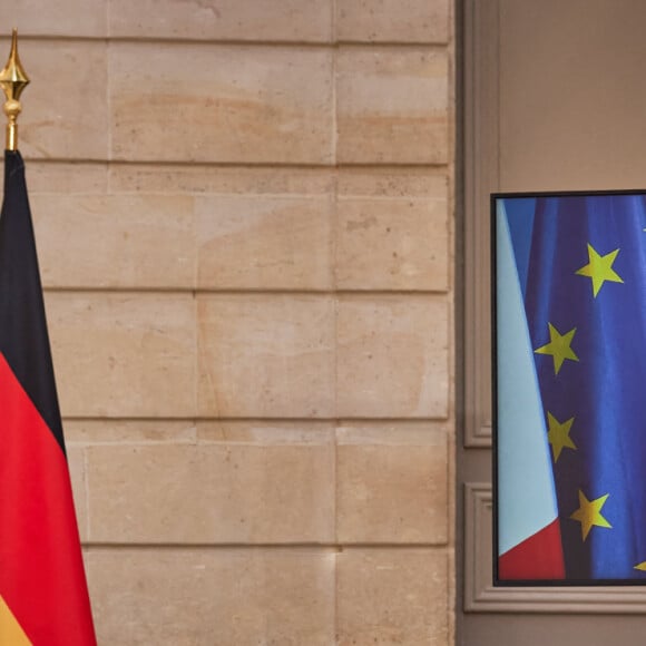 Le président de la République française, Emmanuel Macron et la chancelière allemande Angela Merkel lors d'une conférence de presse conjointe en visioconférence au palais de l'Elysée à Paris, France, le 31 mai 2021. © Cyril Moreau/Bestimage