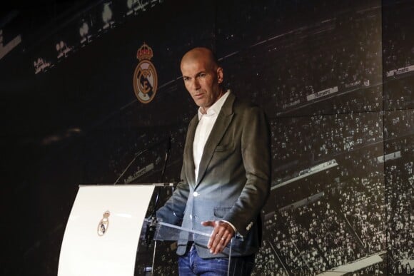 Zinedine Zidane en conférence de presse au stade Santiago Bernabeu à Madrid, Espagne, le 11 mars 2019.