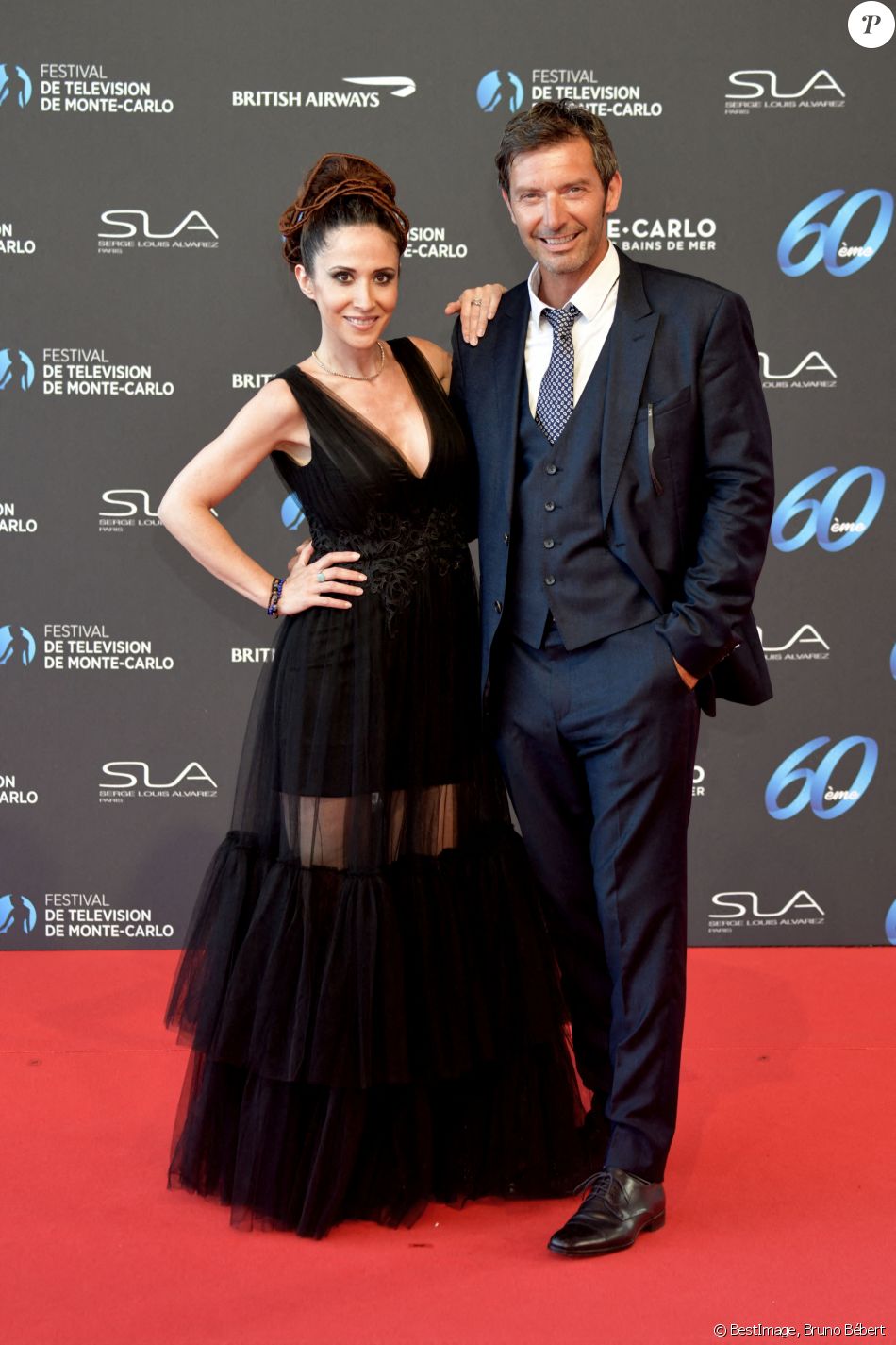 Fabienne Carat (longue robe en tulle noir Christophe Guillarmé, collier Helena Joy Paris) et Franck Sémonin lors de la soirée d'ouverture du 60ème Festival de Télévision de Monte-Carlo au Grimaldi Forum à Monaco, le 18 juin 2021. © Bruno Bébert/Bestimage
