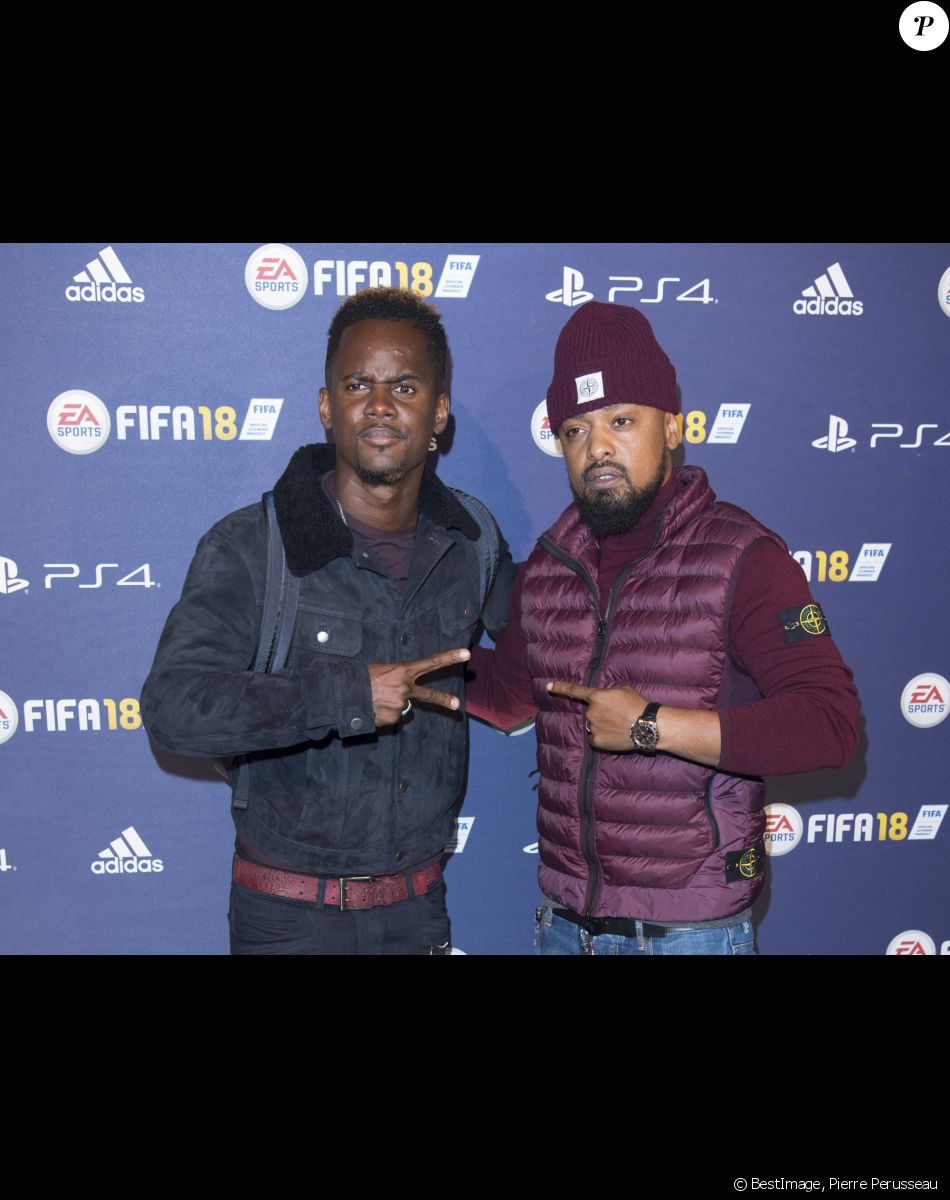 Black M et le rappeur Alonzo - Lancement du jeu vidéo de football FIFA 18 (FIFA 2018) à l'établissement public de coopération culturelle parisien "CentQuatre" à Paris, France, le 25 septembre 2017. © Pierre Perusseau/Bestimage