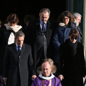 Nicolas Sarkozy, son frère Guillaume Sarkozy et sa fille, sa femme Carla Bruni et leur fille Giulia - Sorties des obsèques de Andrée Sarkozy (mère de N.Sarkozy), dite Dadue née Andrée Mallah, en l'église Saint-Jean-Baptiste à Neuilly-Sur-Seine. Le 18 décembre 2017