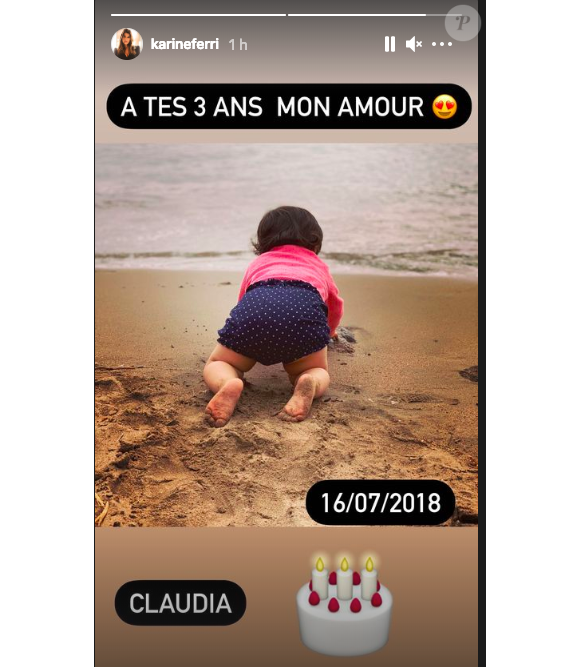 Karine Ferri est en vacances en Corse. Elle a rendu hommage à sa fille Claudia pour son 3e anniversaire, le 16 juillet 2021.