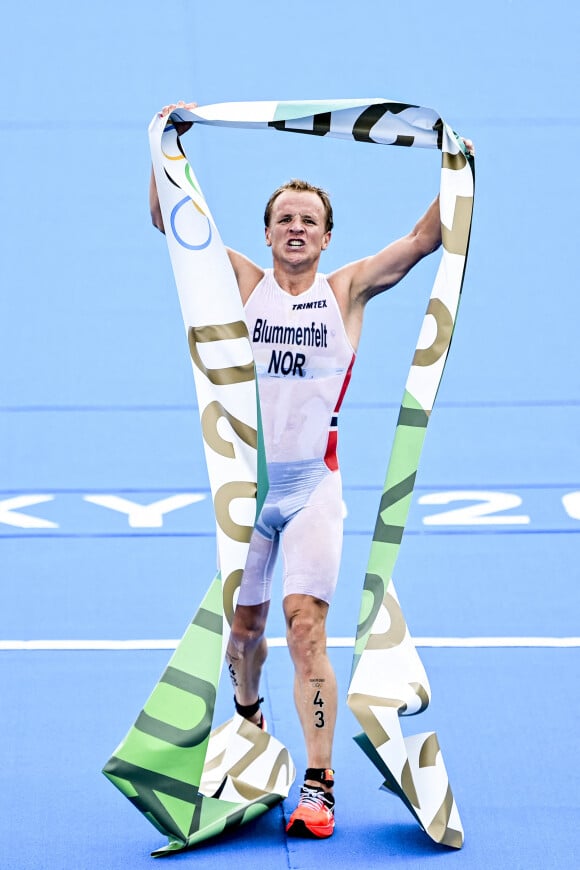 jJoie de Kristian Blummenfelt (Nor) à l'arrivée - Jeux Olympiques de Tokyo 2020 - Triathlon Hommes. Tokyo, le 26 juillet 2021.