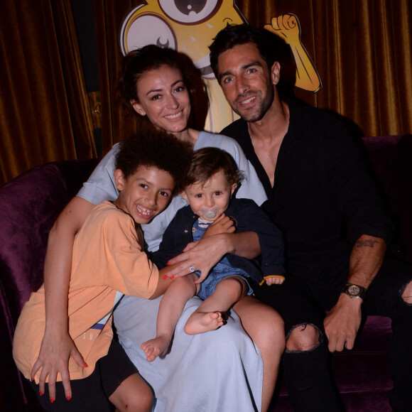 Rachel Legrain-Trapani (Miss France 2007), son compagnon Valentin Leonard et leurs fils Gianni et Andréa lors de la soirée de lancement de l'application Nanaba à l'hôtel Barrière Le Fouquet's de Paris, France, le 18 juin 2021. © Rachid Bellak/Bestimage