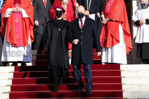 Le prince Albert II de Monaco et la princesse Charlène de Monaco ont assisté à la messe de Sainte Dévote à la cathédrale de Monaco le 27 janvier 2021. © Jean-Charles Vinaj / Pool Monaco / Bestimage