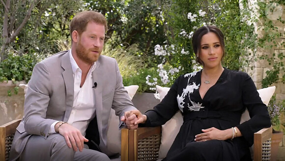 Meghan Markle (enceinte de sa fille Lilibet) et le prince Harry lors de leur interview avec Oprah Winfrey, diffusée en mars 2021 sur la chaîne américaine CBS. 