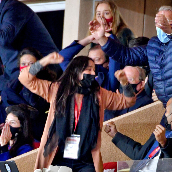 Tony Parker et Alizé Lim ont assisté à la rencontre de football opposant Monaco à Lyon au Stade Louis II de Monaco. Le 2 mai 2021. © Bruno Bebert / Bestimage