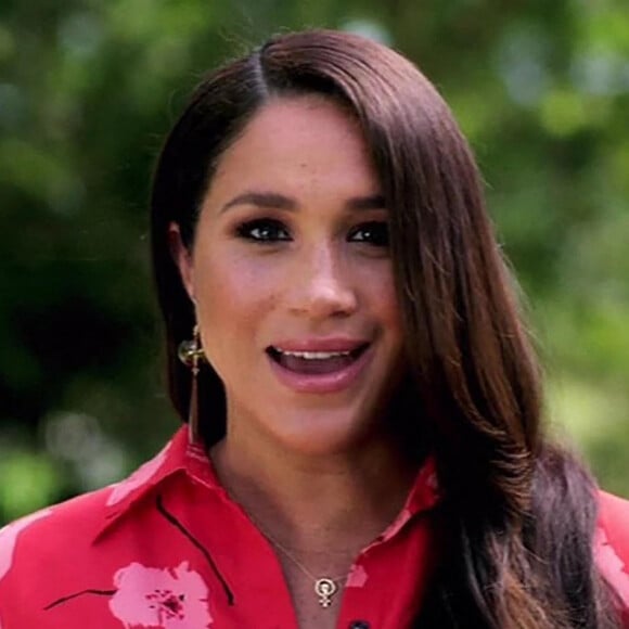 Capture d'écran de Meghan Markle (enceinte), duchesse de Sussex, dans une vidéo pré-enregistrée pour le concert caritatif "Vax Live" en faveur de la vaccination contre le Coronavirus (COVID-19) à Los Angeles. Le 8 mai 2021 