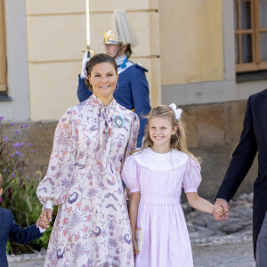 La princesse Victoria de suède, le prince Daniel, le prince Oscar et la princesse Estelle - La famille royale suédoise au baptême du prince Julian, duc de Halland au château de Drottningholm sur l'île de Lovön à Ekero en Suède le 14 août 2021