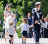 Le prince Carl Philip, la princesse Sofia de Suède (Sofia Hellqvist), leurs enfants le prince Alexander de Suède, le prince Gabriel de Suède et le prince Julian, duc de Halland - La famille royale suédoise au baptême du prince Julian, duc de Halland au château de Drottningholm sur l'île de Lovön à Ekero en Suède, le 14 août 2021.