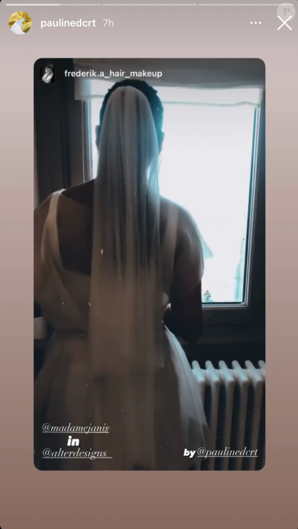 Pauline Ducruet a créé une robe de mariée avec sa marque Alter Designs pour une amie, sur Instagram le 27 août 2021.
