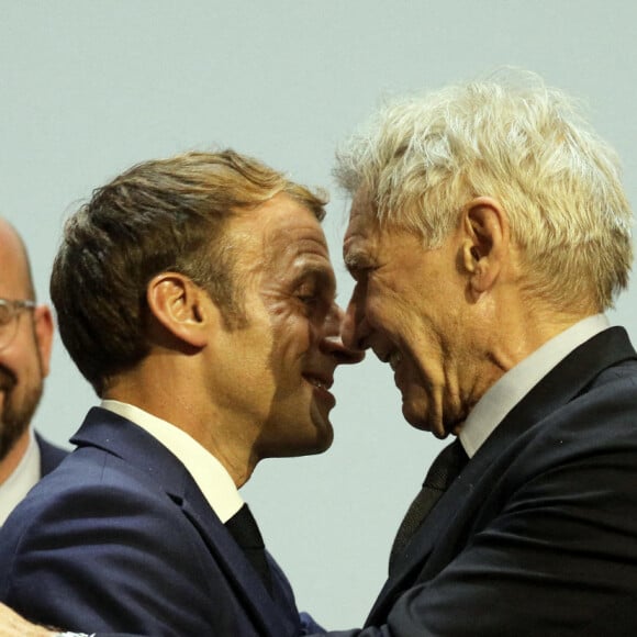 Le président du Conseil européen Charles Michel, le président de la République française, Emmanuel Macron et l'acteur américain Harrison Ford lors du congrès mondial de la nature de l'Union Internationale pour la Conservation de la Nature (UICN) , à Marseille, France, le 3 septembre 2021. Le Congrès mondial de l'UICN mènera des actions sur le rétablissement fondé sur la nature, le changement climatique et la biodiversité. © Dominique Jacovides/Bestimage