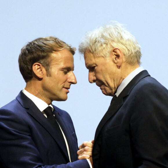 Le président de la République française et l'acteur américain Harrison Ford lors du congrès mondial de la nature de l'Union Internationale pour la Conservation de la Nature (UICN) , à Marseille, France © Dominique Jacovides/Bestimage