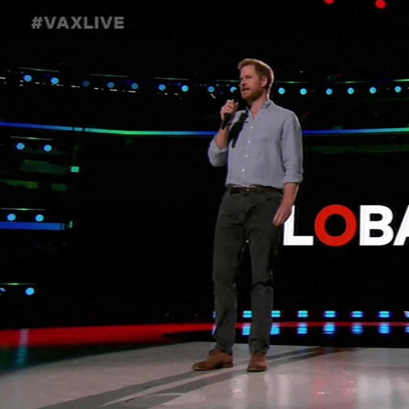 Le prince Harry, duc de Sussex, lors du concert caritatif "Vax Live" en faveur de la vaccination contre le Coronavirus (COVID-19) à Los Angeles. Le 8 mai 2021