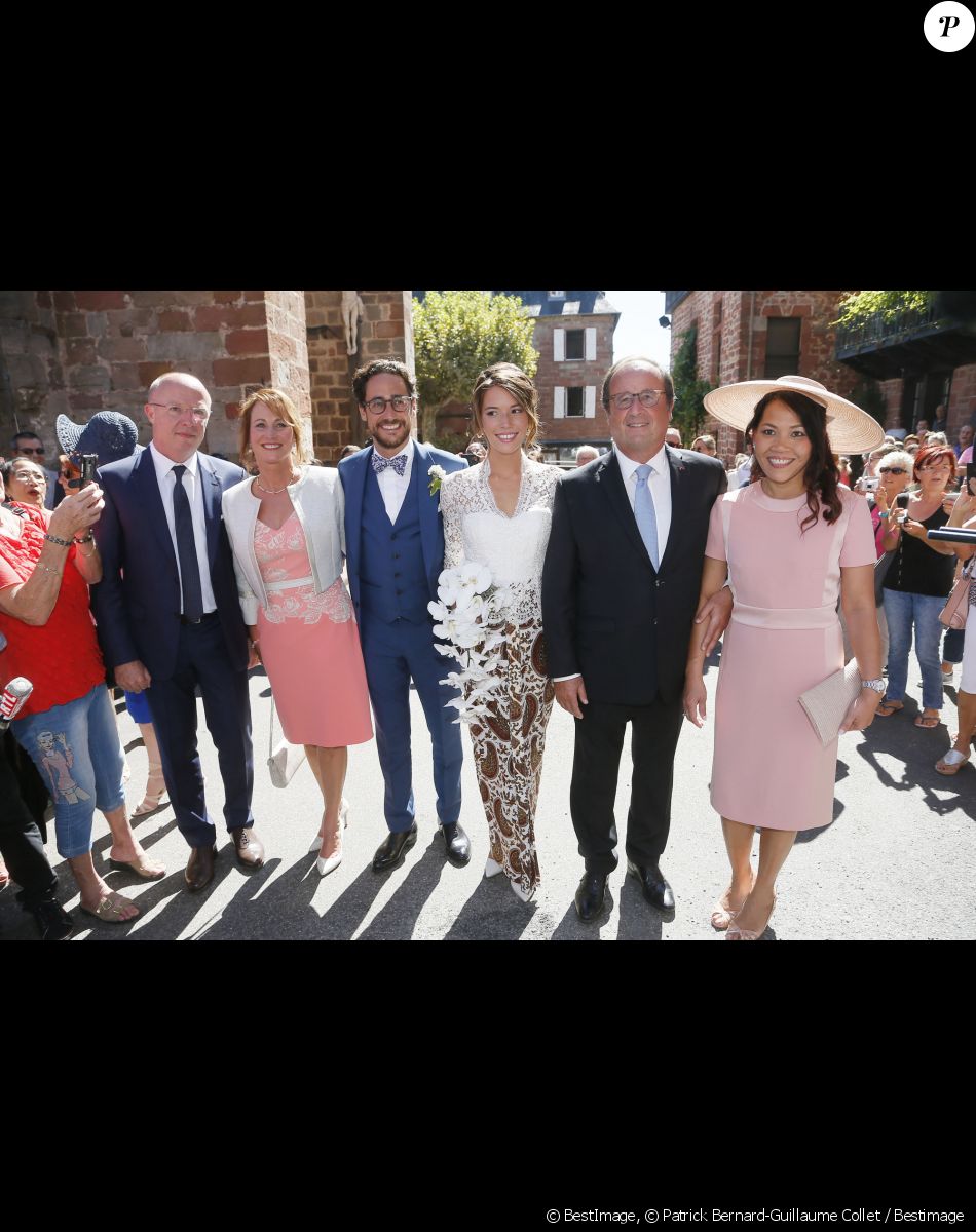 François Hollande, Ségolène Royal et les parents de la mariée - Mariage de Thomas Hollande et de la journaliste Emilie Broussouloux à la mairie à Meyssac en Corrèze près de Brive, ville d'Emiie. Le 8 Septembre 2018.