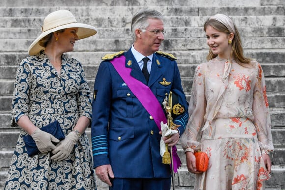 Le roi Philippe de Belgique, la reine Mathilde de Belgique et la princesse Elisabeth de Belgique - La famille royale de Belgique lors de la cérémonie du Te Deum à Bruxelles à l'occasion de la Fête Nationale belge. Le 21 juillet 2020 
