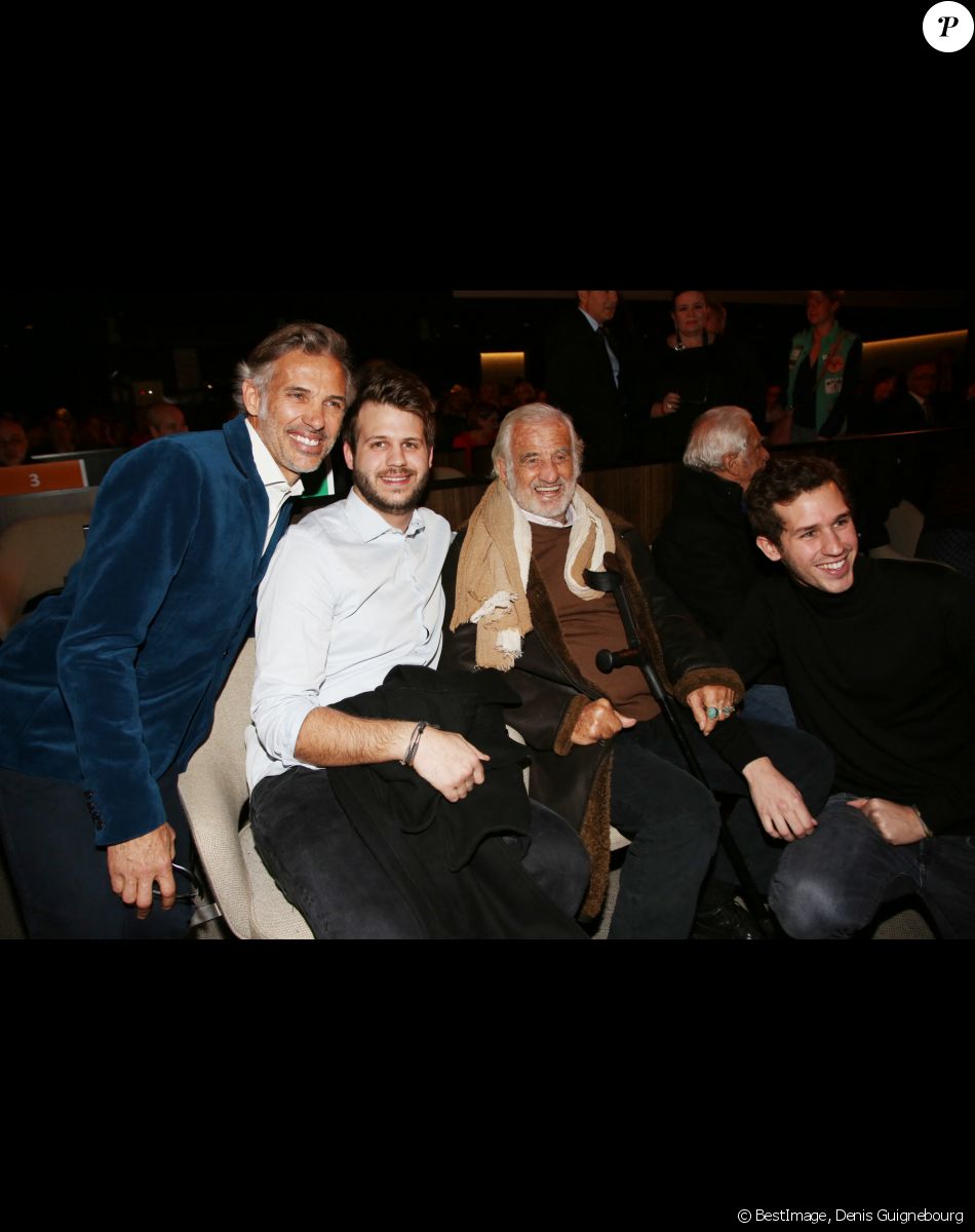 Paul Belmondo, Alessandro, Jean-Paul Belmondo et Victor Belmondo lors de la présentation en avant-première de 'The Gazelles' un film réalisé par Paul Belmondo et projeté à l'Unesco en présence de Audrey Azoulay la directrice générale de l'Unesco et Dominique Serra fondatrice et directrice du Rallye des Gazelles du Maroc. Paris le 24 novembre 2017 © Denis Guignebourg / Bestimage