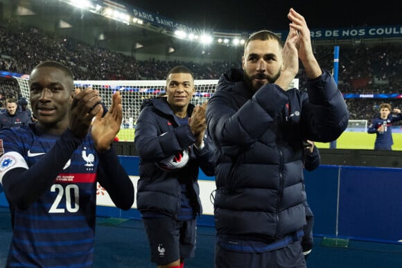 Moussa Diaby, Kylian Mbappé et Karim Benzema lors du match de football de qualification pour la Coupe du monde 2022 entre la France et le Kazakhstan au stade Parc des Princes à Paris, France, le 13 novembre 2021. La France a gagné 8-0. © Cyril Moreau/Bestimage 