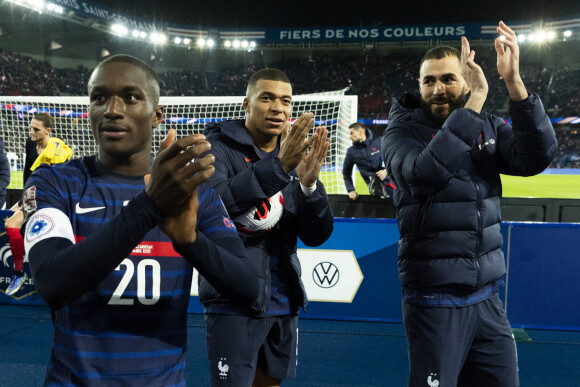 Moussa Diaby, Kylian Mbappé et Karim Benzema lors du match de football de qualification pour la Coupe du monde 2022 entre la France et le Kazakhstan au stade Parc des Princes à Paris, France, le 13 novembre 2021. La France a gagné 8-0. © Cyril Moreau/Bestimage 