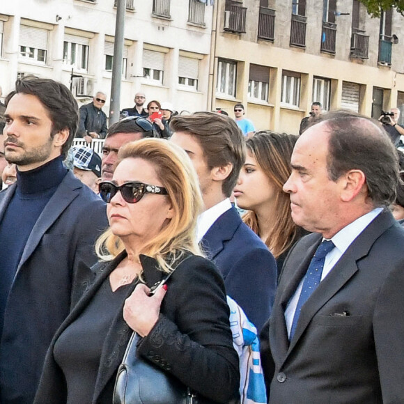 Sophie Tapie, Dominique Tapie, Nathalie Michaux Tapie et son mari Stéphane Michaux accompagnent Bernard Tapie jusqu'à la Cathédrale La Major à Marseille, le 8 octobre 2021. © Santini / Jacovides / Bestimage