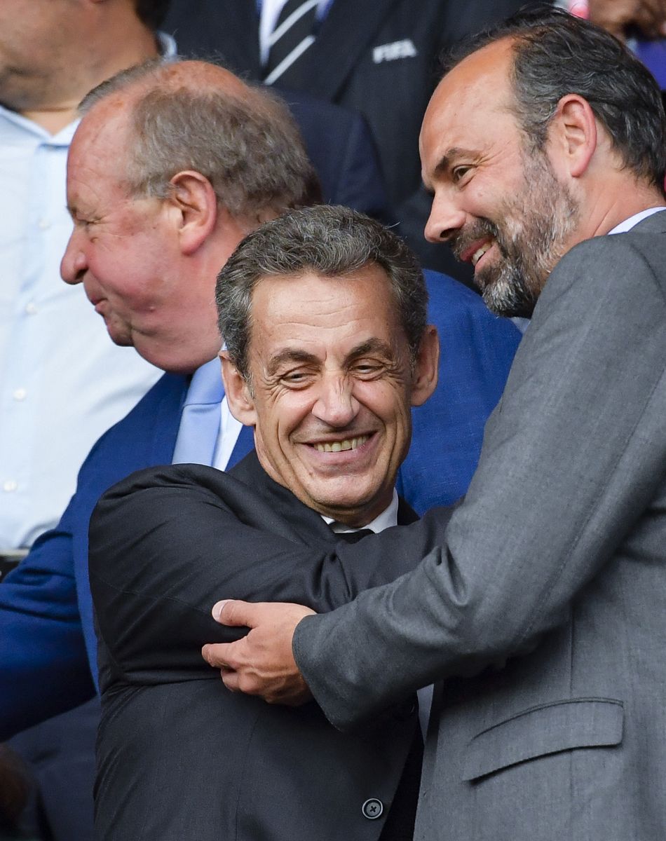 Nicolas Sarkozy et Edouard Philippe dans les tribunes lors du quart de finale de la Coupe du Monde Féminine de football opposant les Etats-Unis à la France au Parc des Princes à Paris, France, le 28 juin 2019. Les USA ont gagné 2-1.