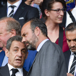 Nicolas Sarkozy et Edouard Philippe dans les tribunes lors du quart de finale de la Coupe du Monde Féminine de football opposant les Etats-Unis à la France au Parc des Princes à Paris, France, le 28 juin 2019. Les USA ont gagné 2-1.
