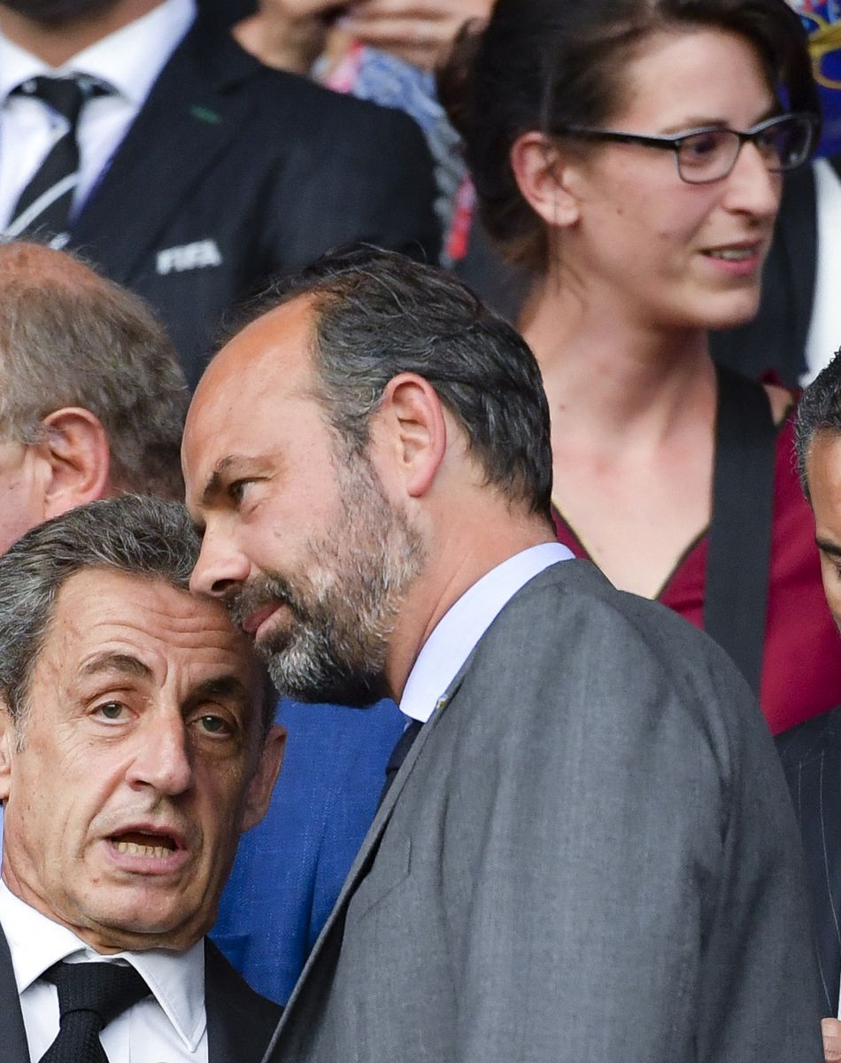 Nicolas Sarkozy et Edouard Philippe dans les tribunes lors du quart de finale de la Coupe du Monde Féminine de football opposant les Etats-Unis à la France au Parc des Princes à Paris, France, le 28 juin 2019. Les USA ont gagné 2-1.