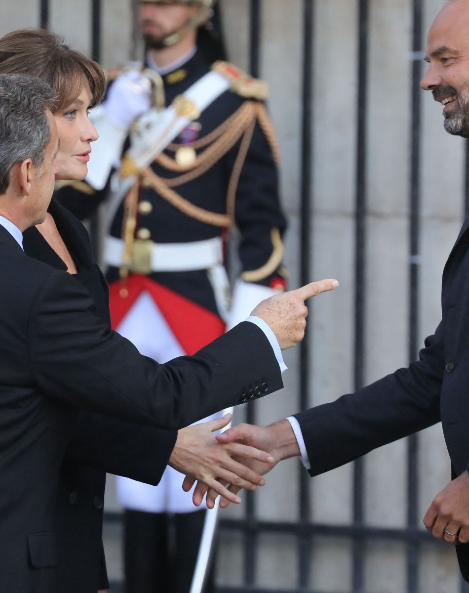 Nicolas Sarkozy et sa femme Carla Bruni, Edouard Philippe - Arrivées en l'église Saint-Sulpice pour les obsèques de l'ancien président de la République Jacques Chirac à Paris. Un service solennel sera présidé par le président de la République. Le 30 septembre 2019