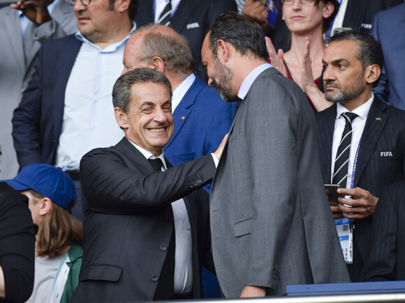 Nicolas Sarkozy et Edouard Philippe dans les tribunes lors du quart de finale de la Coupe du Monde Féminine de football opposant les Etats-Unis à la France au Parc des Princes à Paris, France, le 28 juin 2019. Les USA ont gagné 2-1.