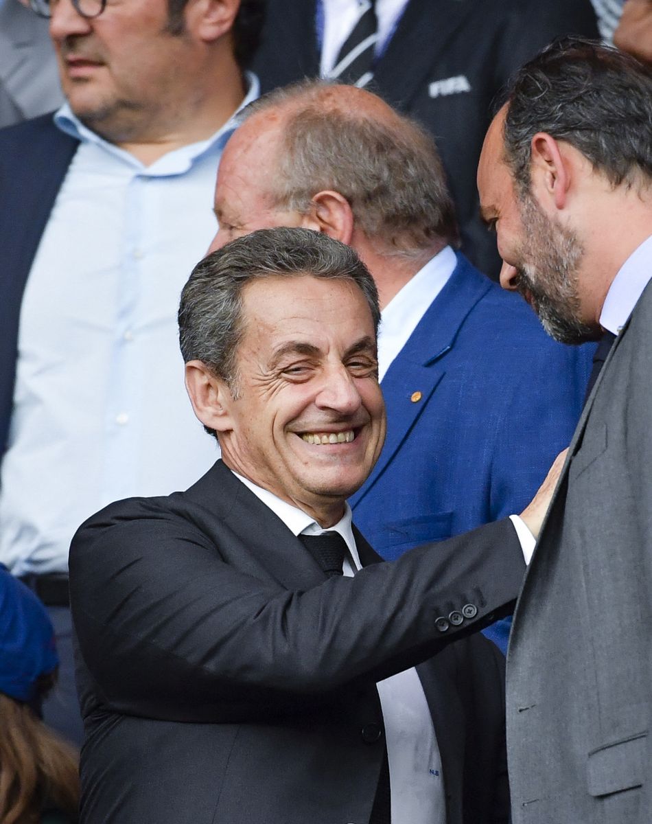 Nicolas Sarkozy et Edouard Philippe dans les tribunes lors du quart de finale de la Coupe du Monde Féminine de football opposant les Etats-Unis à la France au Parc des Princes à Paris, France, le 28 juin 2019. Les USA ont gagné 2-1.