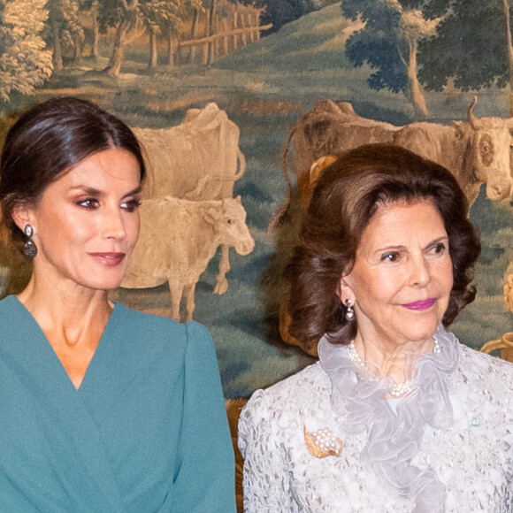 La reine Letizia d'Espagne et la reine Silvia de Suède lors d'une réception à la résidence de l'ambassadeur d'Espagne à Stockholm. Le 25 novembre 2021.