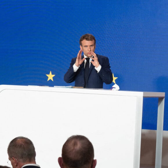 Le président de la République française, Emmanuel Macron donne une conférence de presse à l'Elysée pour présenter la présidence française du Conseil de l'Union européenne, qui prendra effet le 1er janvier 2022 pour six mois. Paris, le 9 décembre 2021