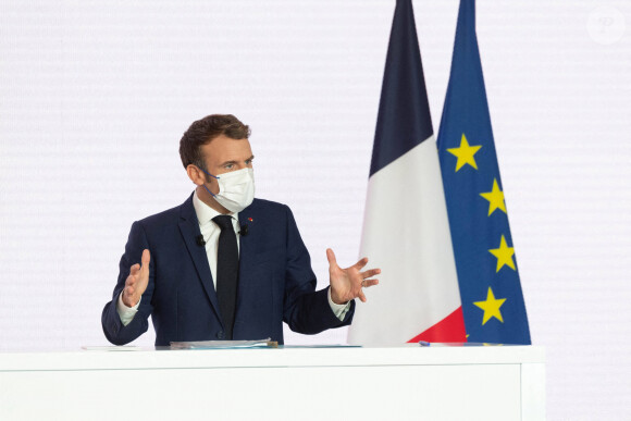 Le président de la République française, Emmanuel Macron donne une conférence de presse à l'Elysée pour présenter la présidence française du Conseil de l'Union européenne, qui prendra effet le 1er janvier 2022 pour six mois. Paris, le 9 décembre 2021