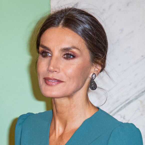 La reine Letizia d'Espagne lors d'une réception à la résidence de l'ambassadeur d'Espagne à Stockholm à l'occasion d'une visite de deux jours du couple royal d'Espagne en Suède le 25 novembre 2021.